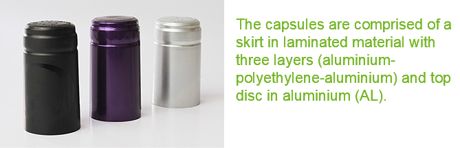 ﷯ The capsules are comprised of a skirt in laminated material with three layers (aluminium-polyethylene-aluminium) and top disc in aluminium (AL).