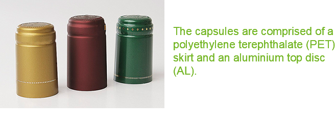 ﷯ The capsules are comprised of a polyethylene terephthalate (PET) skirt and an aluminium top disc (AL).